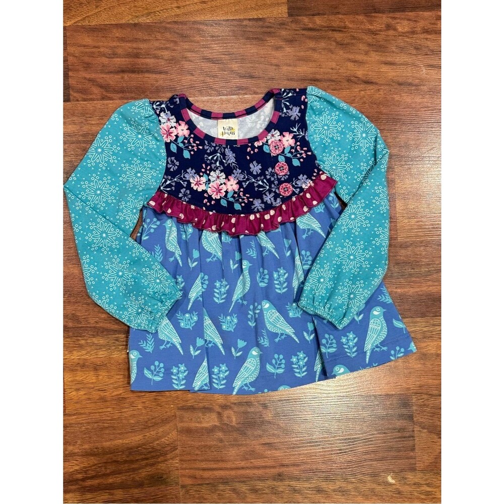 Wild Flowers Dress - Blue & Teal Floral and Bird Long-Sleeves